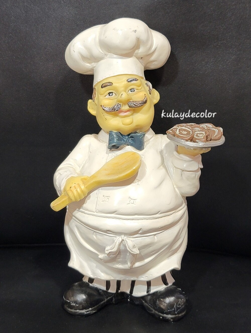 Vintage Chef Figurine Resin Holding Wooden Spoon Chocolate Pastry Dessert Decor